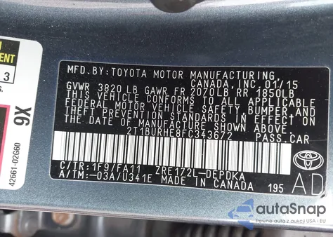 2015 Toyota Corolla L from USA, damaged, VIN 2T1BURHE8FC343672